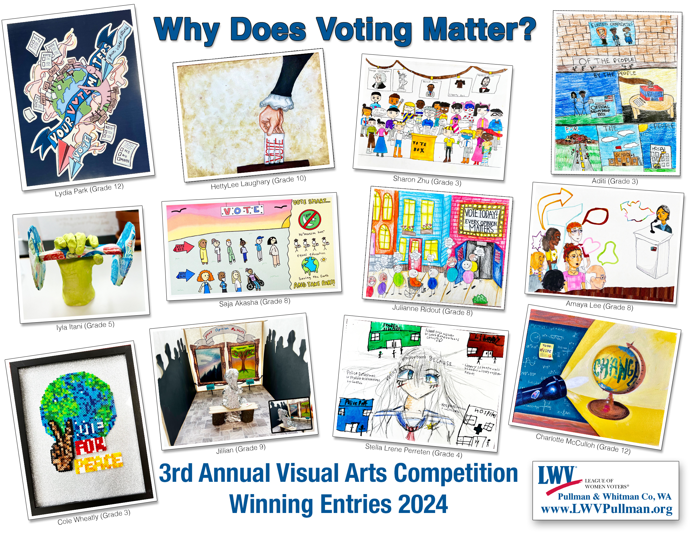 A poster of 12 pieces of winning artwork from the LWV Visual Arts Competition created by Whitman County, WA, students depicting why voting matters.
